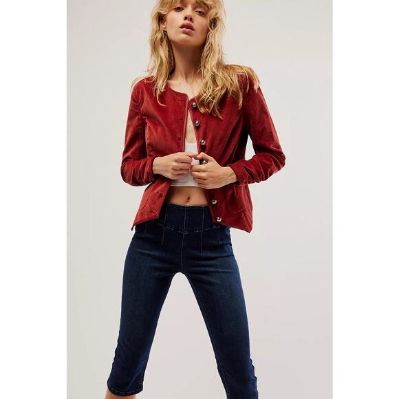 New Free People Becky Jacket VELVET $168 X-SMALL Garnet Military Style Blazer - Picture 1 of 7
